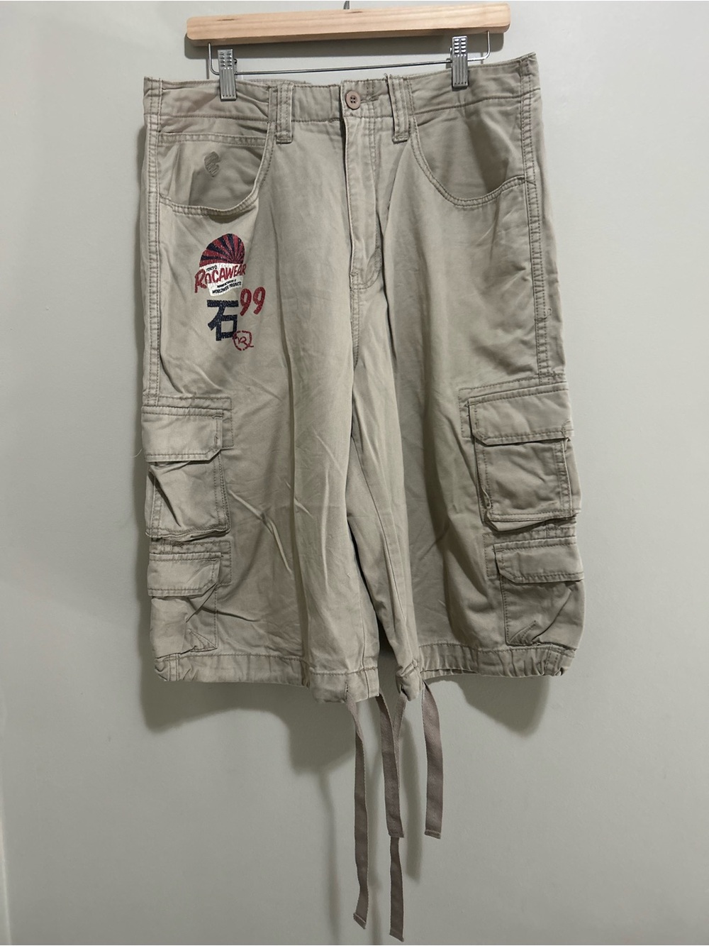 Vintage Beige Cargo Drawstring Shorts with Graphic Patch